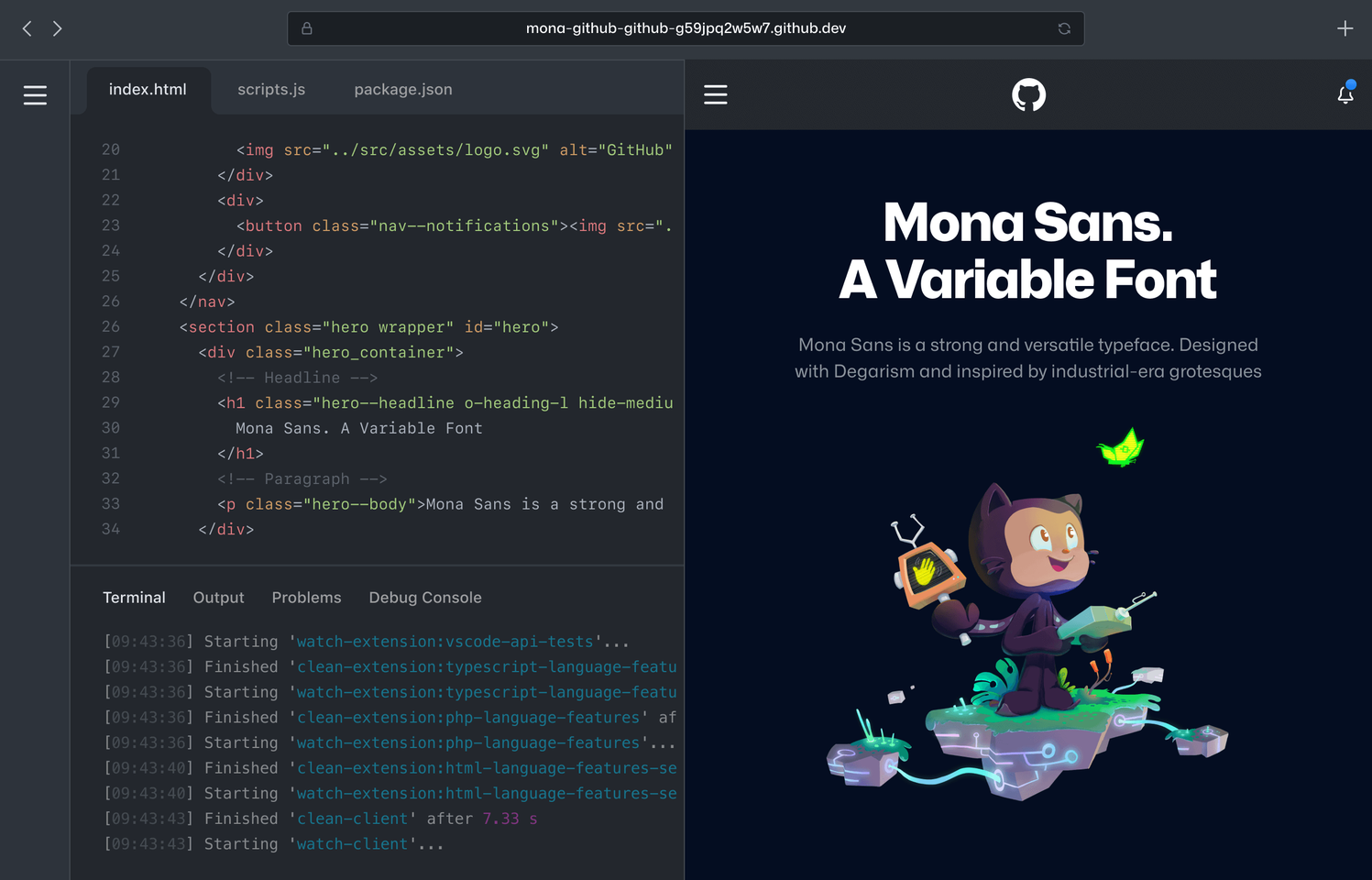 screenshot of a GitHub Codespace