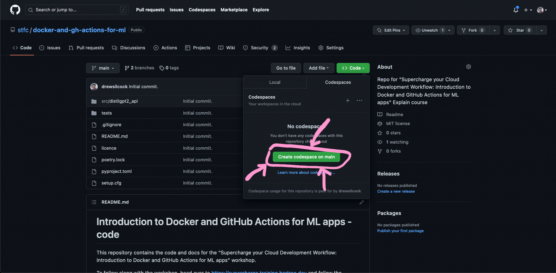 screenshot of create codespace page