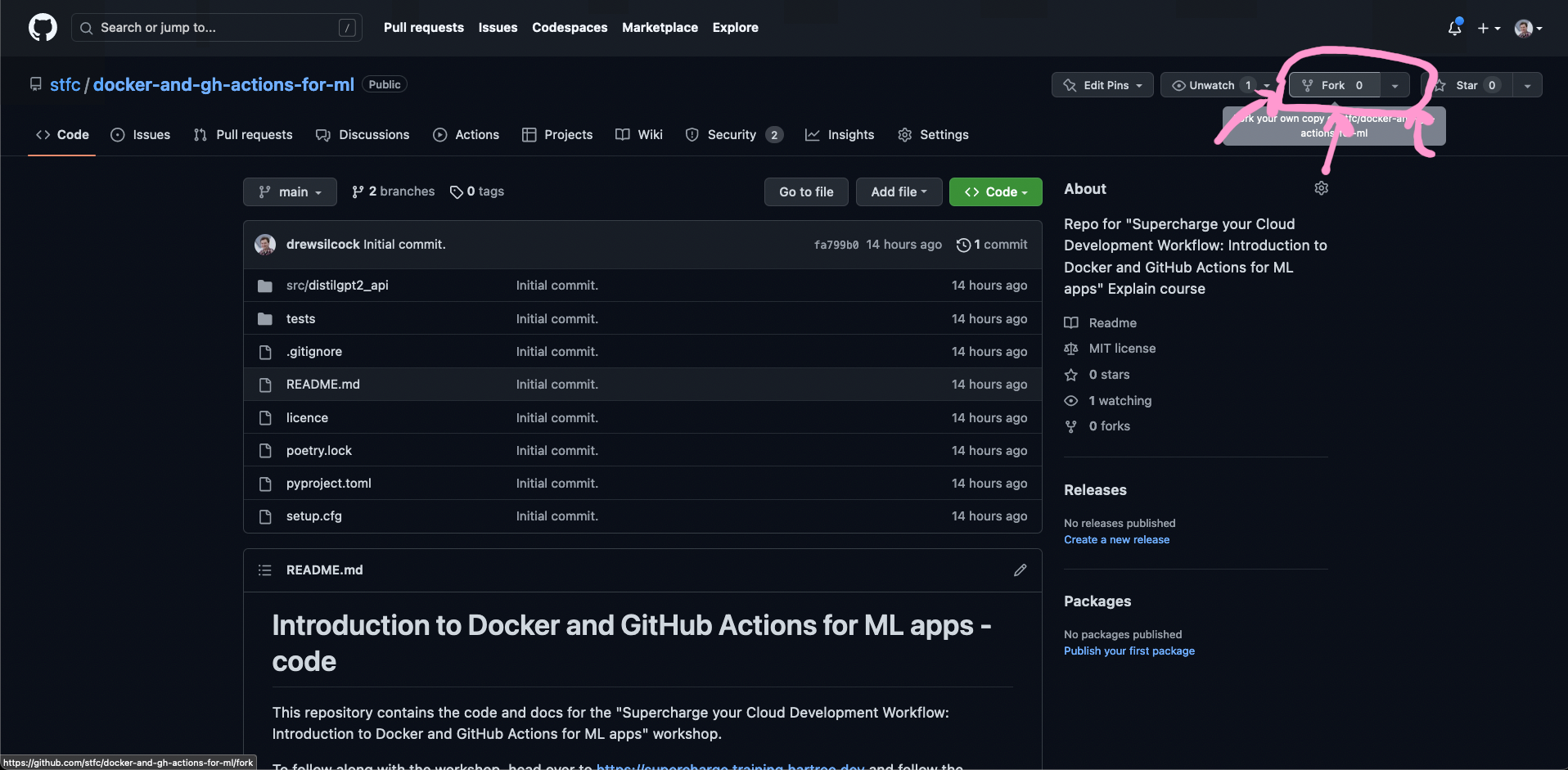 screenshot of fork button