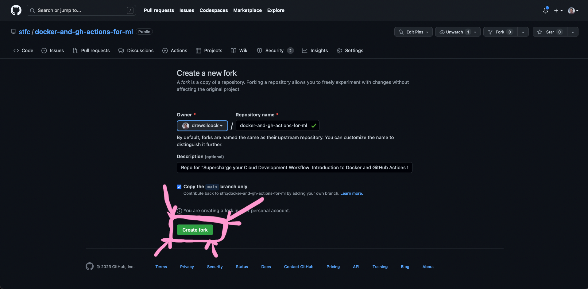 screenshot of fork page