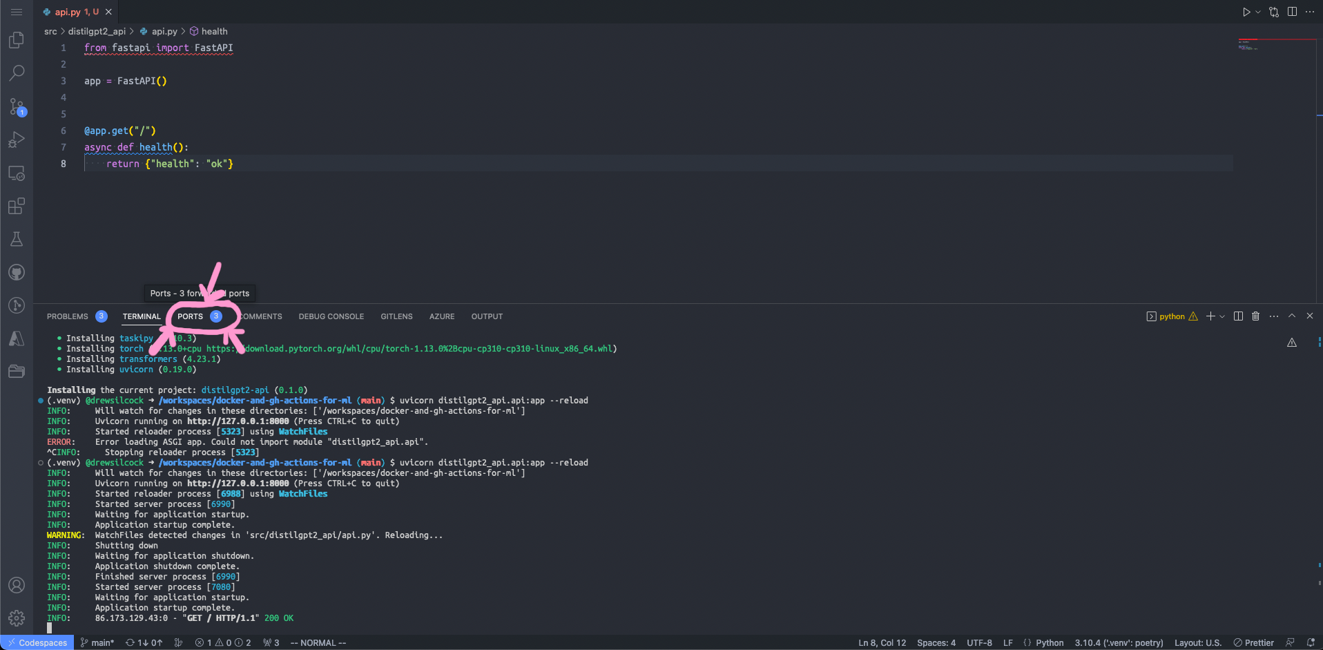 opening "Ports" tab in codespace