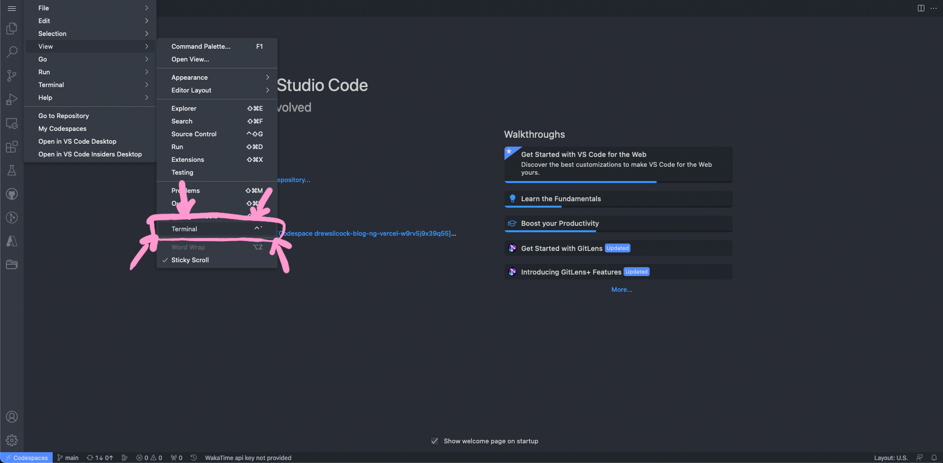 opening terminal in codespace