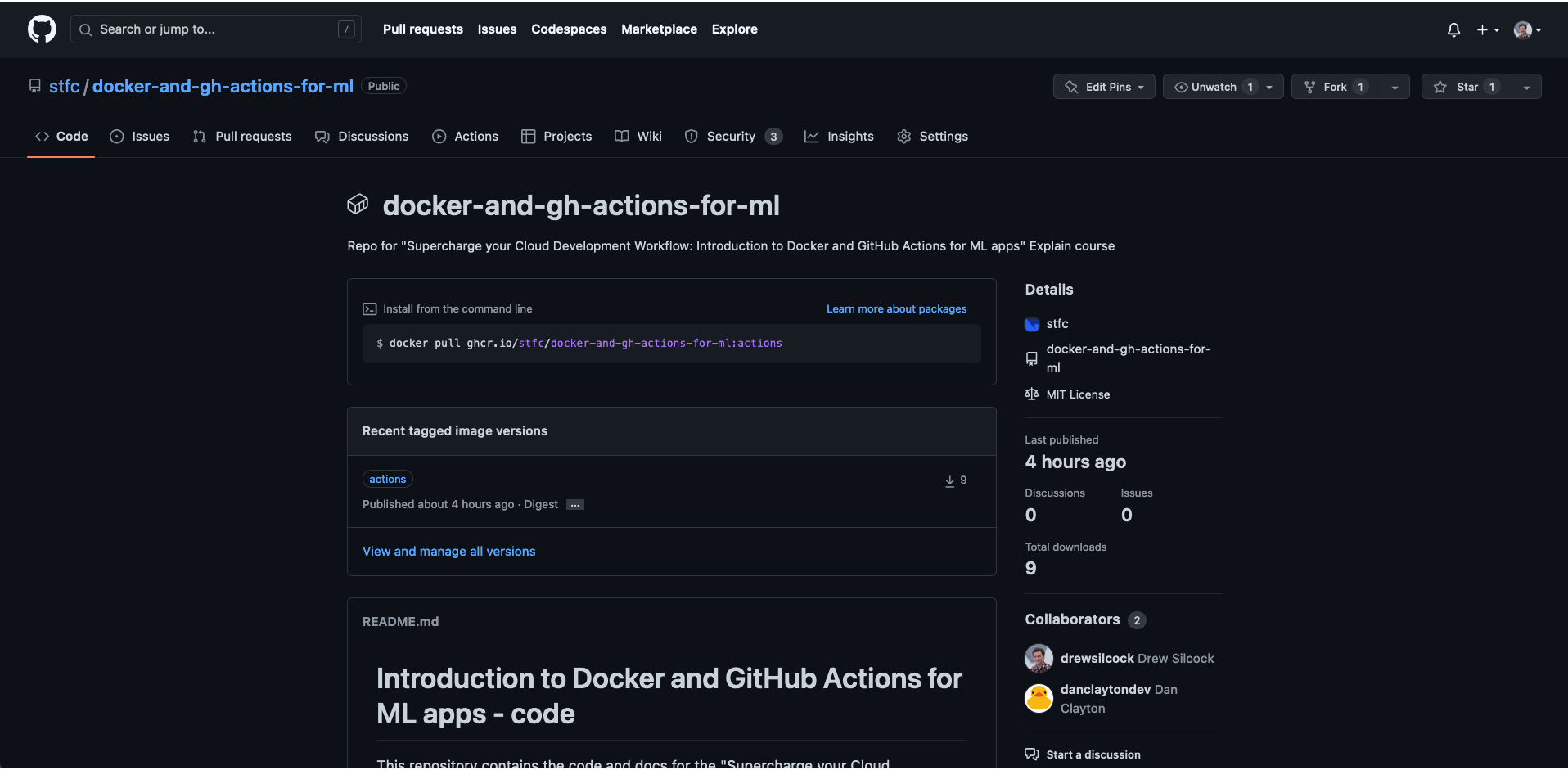 screenshot of Docker images page under GitHub repo
