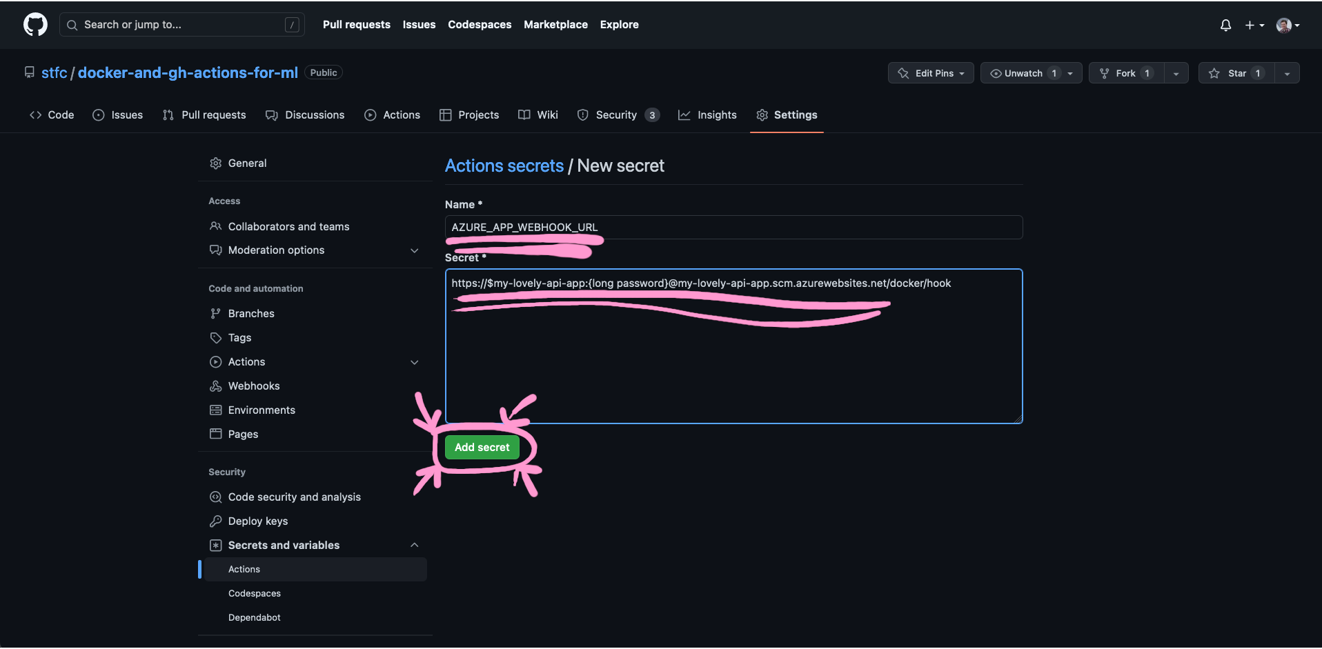 screenshot showing adding of new secret