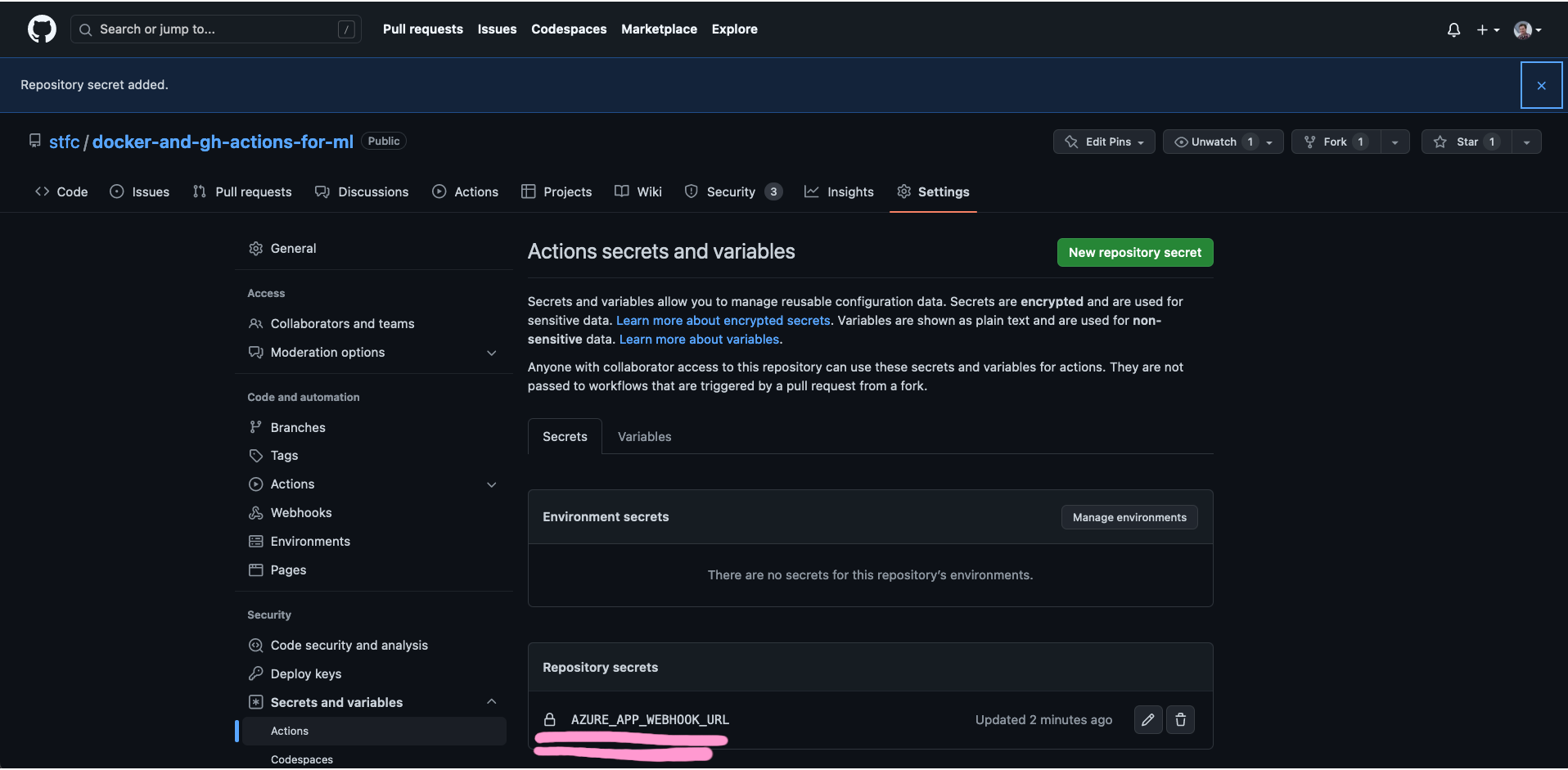 screenshot showing added secret