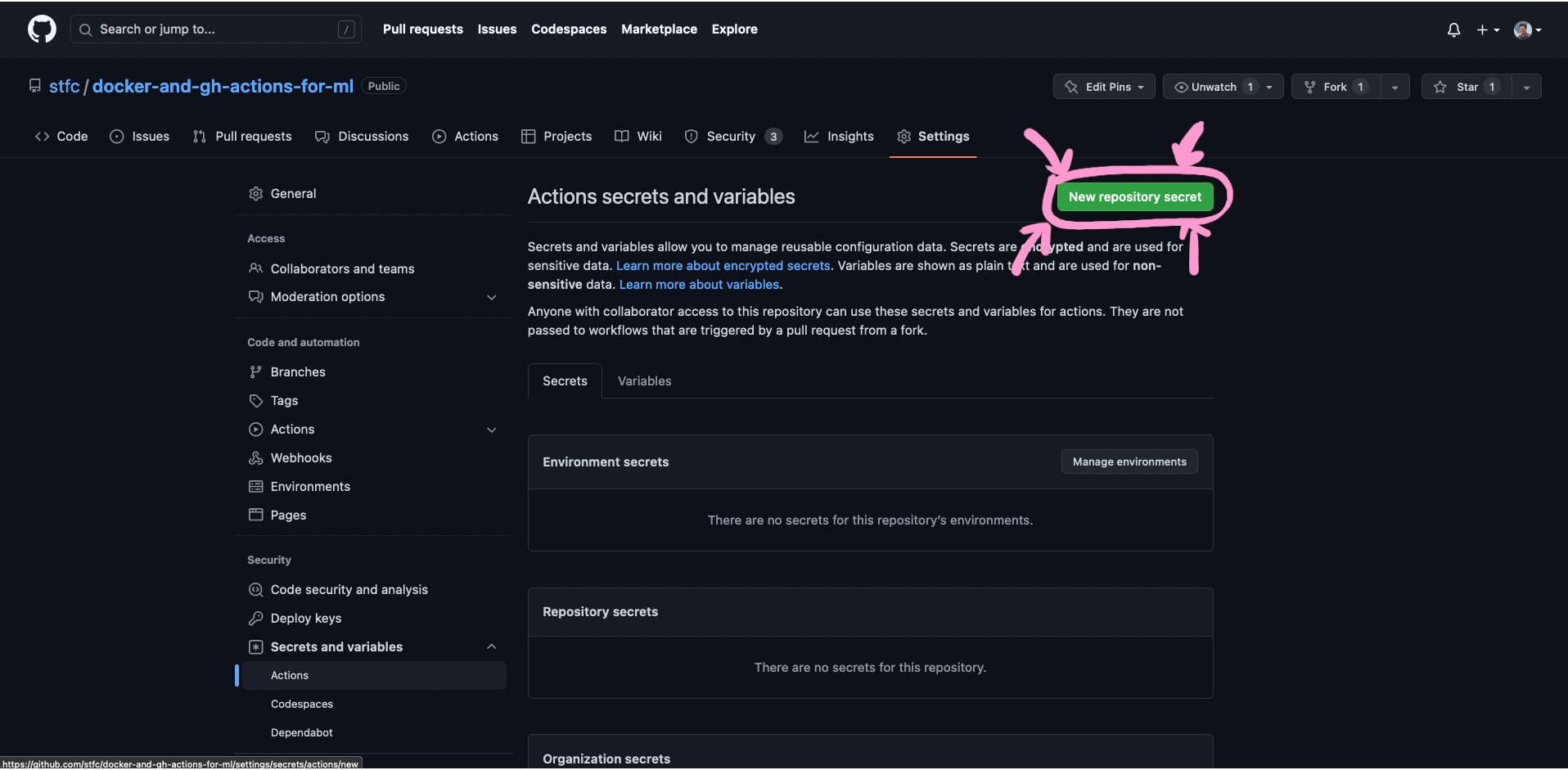 screenshot showing "New repository secret" button in "Secrets and Variables" page