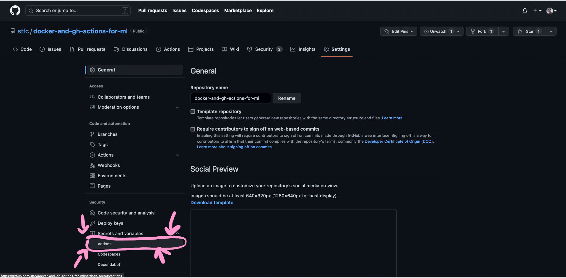 screenshot showing "Secrets and Variables" button in Settings