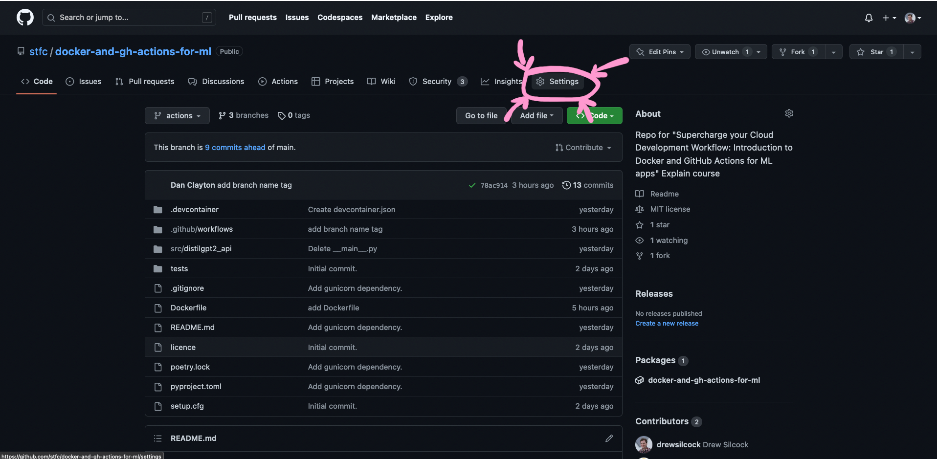 screenshot showing settings button on repository